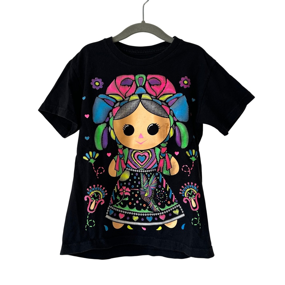 Kids Mexican Lele Doll Graphic T-Shirt Black Short Sleeve Metallic Gold Accent